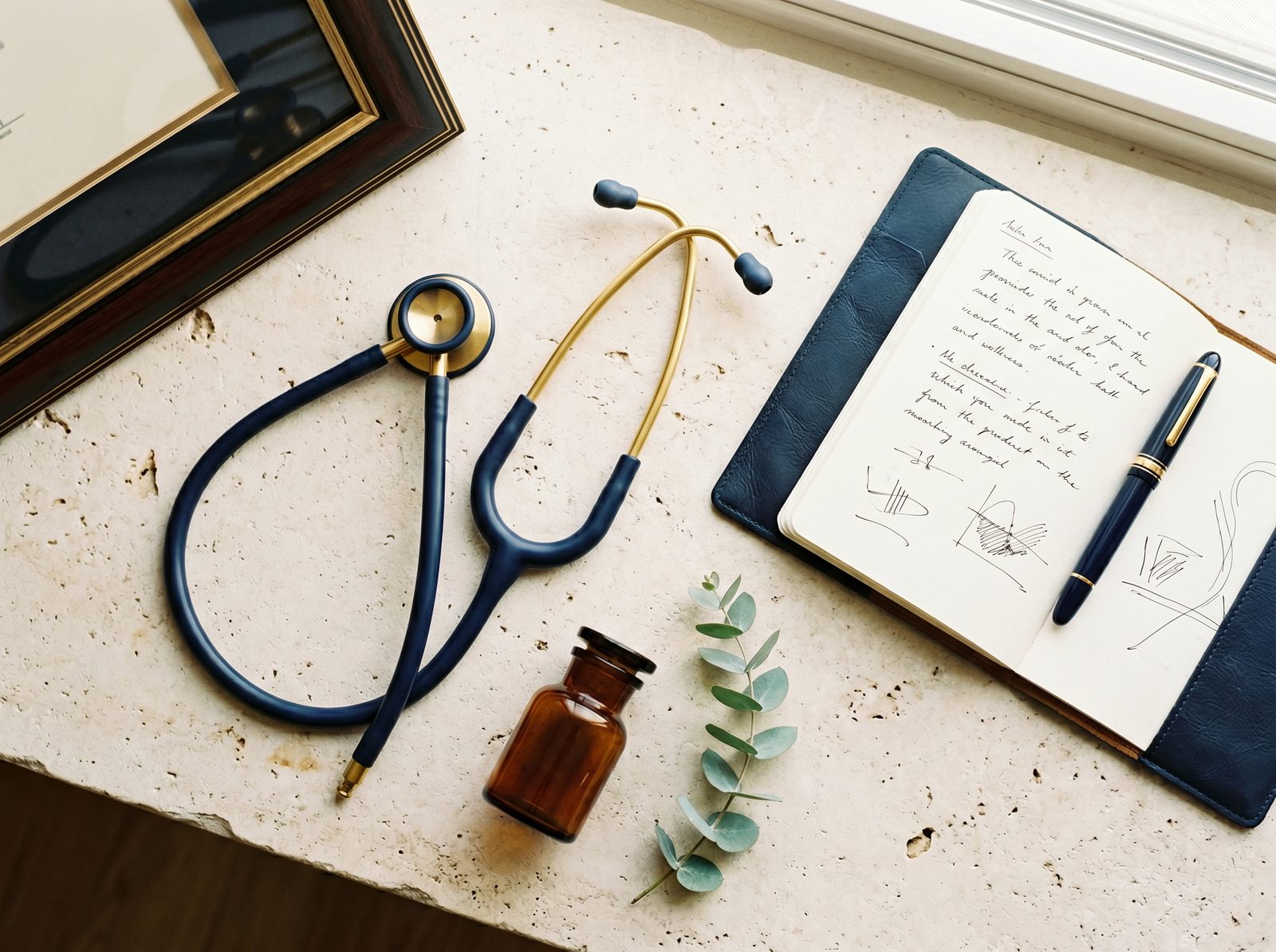 Stethoscope, notebook, and clinical reference materials representing Dr. Smith's practice